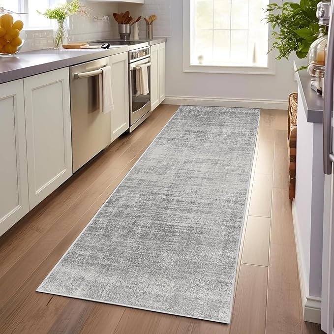 Enkor Runner Rugs for Hallway, 2'7"x8 Washable Soft Non Slip Abstract Rugs for Kitchen, Modern Mat for Entryway Living Room Bedroom Light Grey