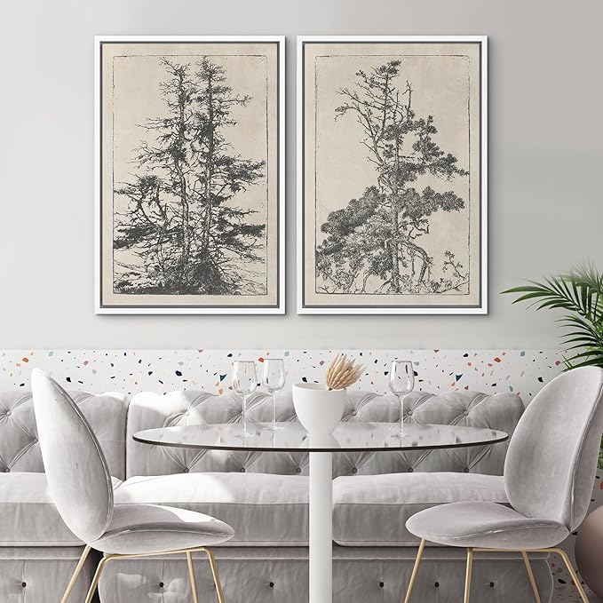 SIGNWIN Framed Canvas Print Wall Art Set Vintage Botanical Tree Sketches Illustrations Modern Art Minimal Boho Relax/Calm for Living Room, Bedroom, Office - 24"x36"x2 White