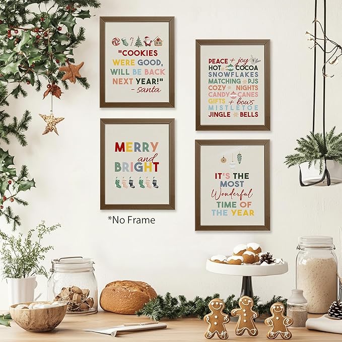 AEHIE It's The Most Wonderful ime of The Year Wall Art Poster Prints for Home Bedroom Living Room, Red Christmas Funny Santa Poster Prints, Merry and Bright Wall Art Unframed 4pcs 8x10inch