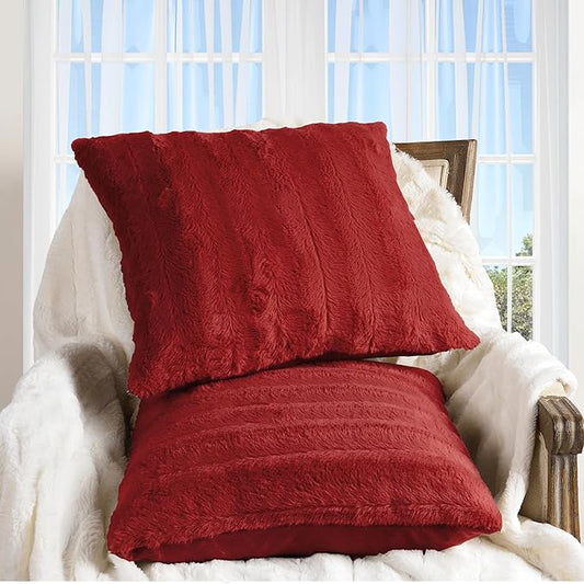 Cheer Collection Faux Fur Throw Pillows - Decorative Pillows for Couch, Bed Throw Pillows, Maroon Accent Pillows for Bedroom or Living Room Aesthetic, Set of 2 Furry Throw Pillows, 22" x 22"