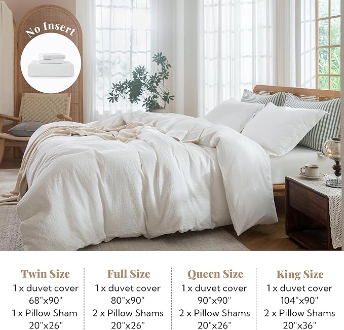 MILDLY White Boho Duvet Cover Set - 100% Washed Cotton Jacquard Stripe Textured Comforter Cover with Zipper Closure 68"x90"
