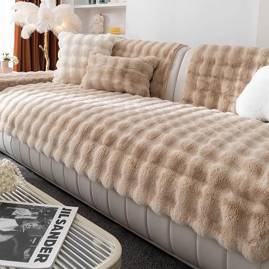 Faux Fur Couch Cover, Soft Warm Plush Sofa Couch Cover, Non Slip Sectional Sofa Slipcovers, Washable Furniture Protector for Kids, Dogs, L Shaped Armrest Backrest Cover(Khaki, 28"x 28")