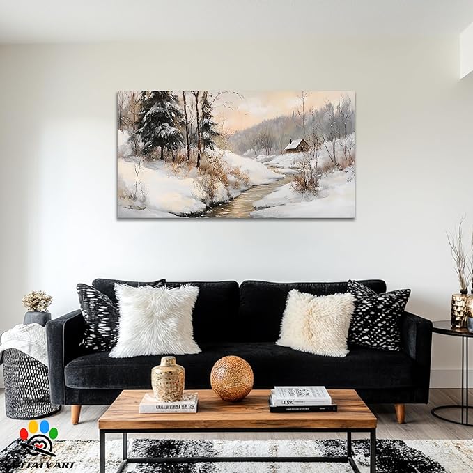 GUTTATY Christmas Winter Scene Canvas Wall Art, Snowy Landscape Wall Painting, Tranquil River Cabin Canvas Prints, Winter Poster Wall Decor for Living Room, Bedroom, Holiday Home, 32x16 Inch