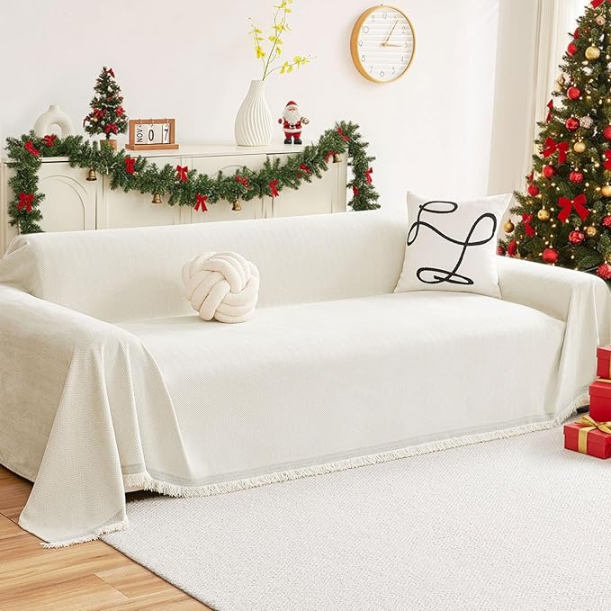 hyha Couch Cover for Dogs, Boho Sofa Covers for 3 Cushion Couch Washable, Chenille Sofa Slipcover for Pets, Soft Loveseat Sectional Couch Throw Blankets with Tassels (Beige, 88.5x134 Inch)