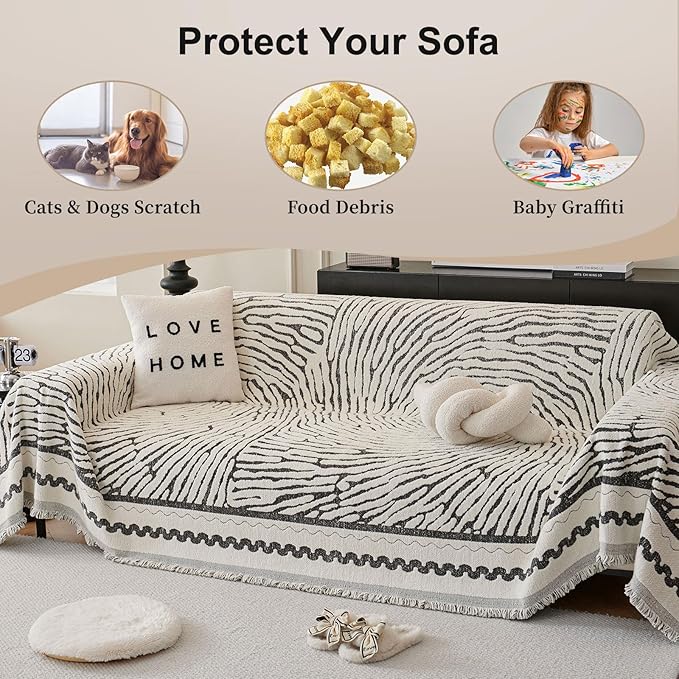 ROOMLIFE Thicked Striped Couch Cover with Tassel Black Chenille Sofa Cover Blanket for Sectional Sofa, Soft Sofa Slipcovers for L Shaped Love Seat 2-3 Cushion Couch Anti Slip Sofa Protector, 71"x118"