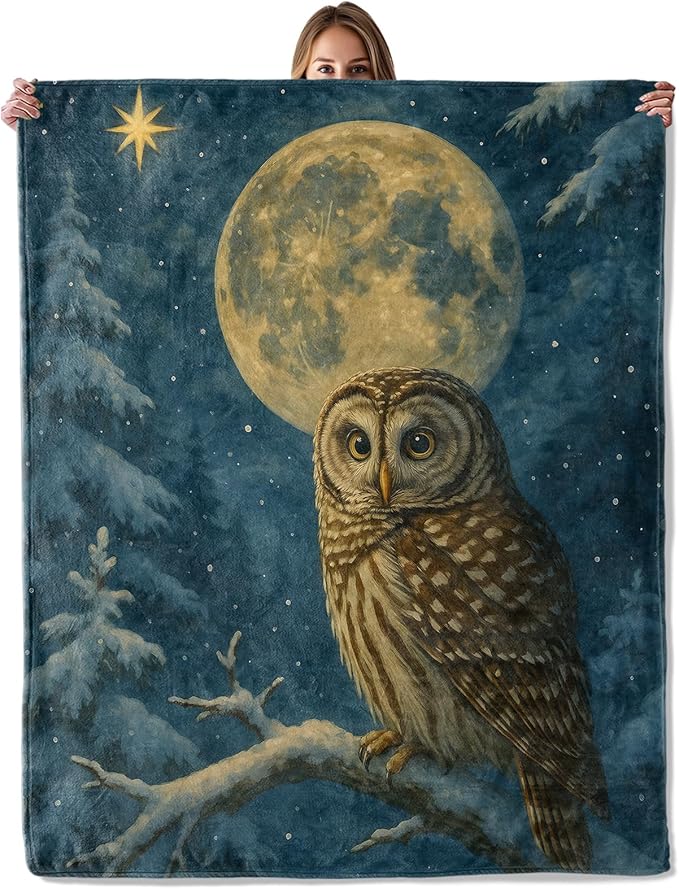 Owl and Full Moon Throw Blanket for Adutls Kids, 60x80 in, Cozy Soft Warm Fleece Blankets Gifts for Couch, Camping, Hiking Decor