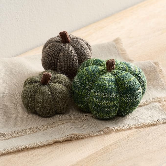 Your Heart's Content Set of 3 Cozy Mini Knit Pumpkins, Autumn Table Home décor, Fall Seasonal Gift idea, Green Accent Kitchen Decor (Juniper Multi-Size Set)