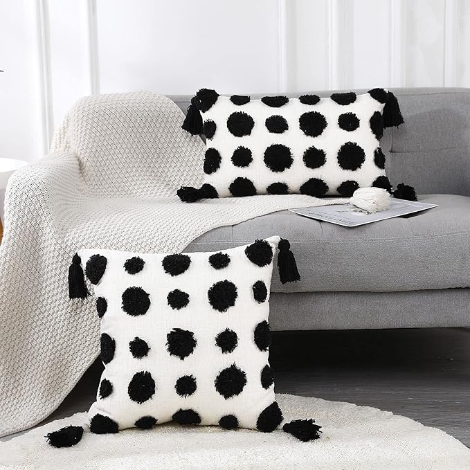 PANOD Super Soft Farmhouse Decorative Plush Throw Pillow Covers 12 x 20 Black,Solid Pom pom Tufted with Tassels Modern Accent Boho Lumbar Cushion Cover Pillow Case for Couch Sofa