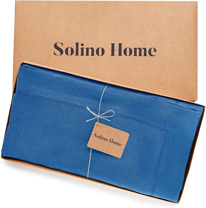 Solino Home Linen Indigo Blue Tablecloth 60 x 144 Inch - Classic Hemstitch, 100% Pure Linen Rectangular Tablecloth - Machine Washable Table Cloth for Fall, Autumn