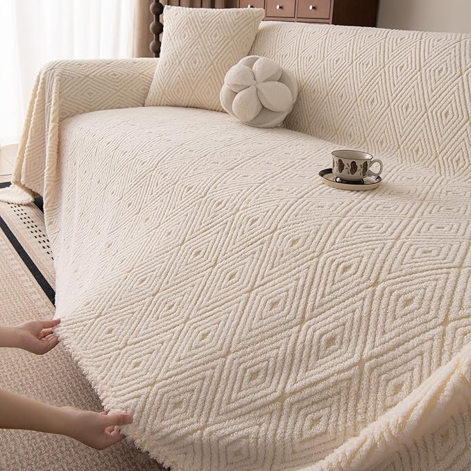 ROOMLIFE Striped Boho White Couch Cover for 2-3 Cushion Sofa, Fuzzy Plush Warm Sofa Slipcovers Sectional Sofas Covers, Non Slip Washable Furniture Protector Soft with Tassel,Winter 71''X118”