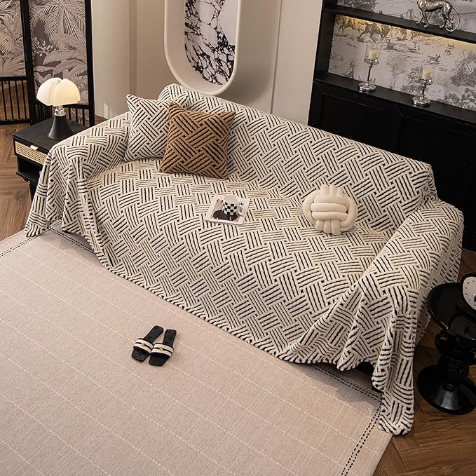 ROOMLIFE Striped Boho Black Couch Cover for 2-3 Cushion Sofa, Fuzzy Plush Warm Sofa Slipcovers Sectional Sofas Covers, Non Slip Washable Furniture Protector Soft with Tassel,Winter 71''X118”