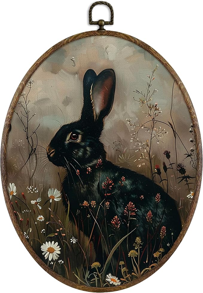 KFXHANGD Vintage Witchy Black Bunny Oval Wall Art Framed,Decor, Cottagecore Rabbit Canvas Wall Art Decor, Dark Academia Bunny Floral Hanging Decor for Farmhouse Bathroom Living Room, 8.7x11.3 Inch