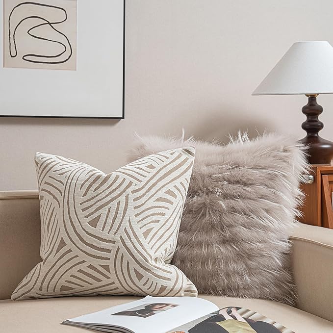 2025 New 22x22'' inches Throw Pillow Cushion Covers - Paradise Beige Color Chenille Jacquard Embroidery Luxury Modern Style Couch Sofa Bed Pillow Cover for Living Room Bedroom