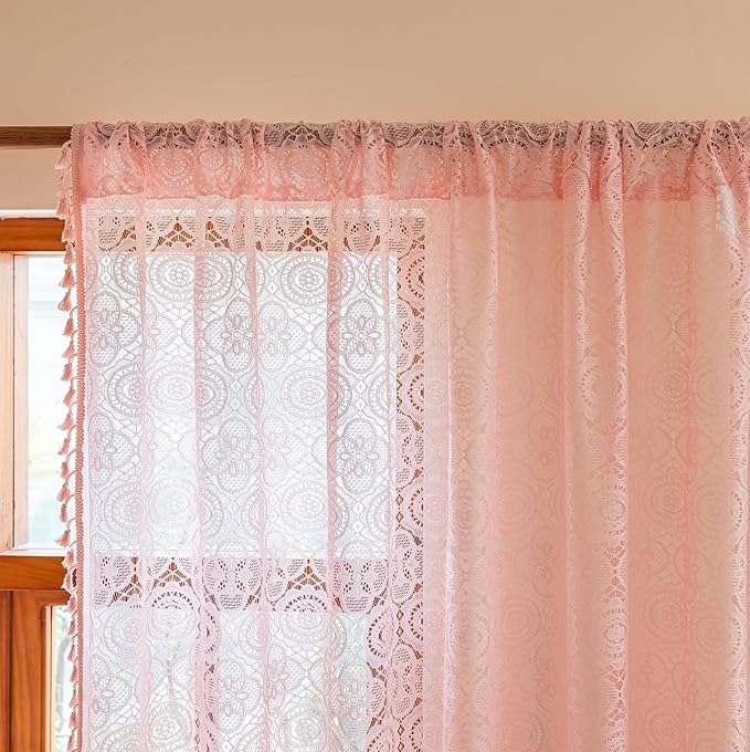 Pink Lace Curtains 84 Inches Long 2 Panels Boho Crochet Curtains for Girls Room Nursery Living Room Pretty Floral Patterned Princess Drapes Tassels Light Filtering Valentine's Decor 59" W x 84" L