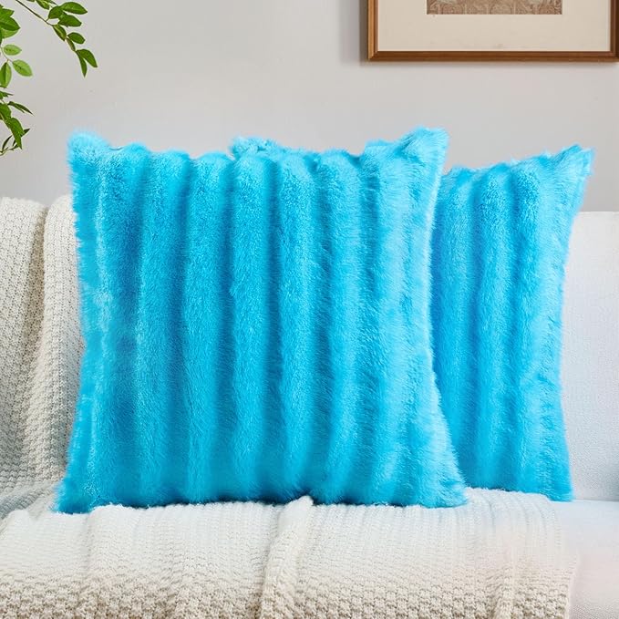 FUTEI Sky Blue Decorative Throw Pillow Covers 20x20 Inch Set of 2,Soft Fluffy Faux Rabbit Fur Dyeing Striped Textured Cushion Case,Modern Home Decor for Couch Bed Living Room
