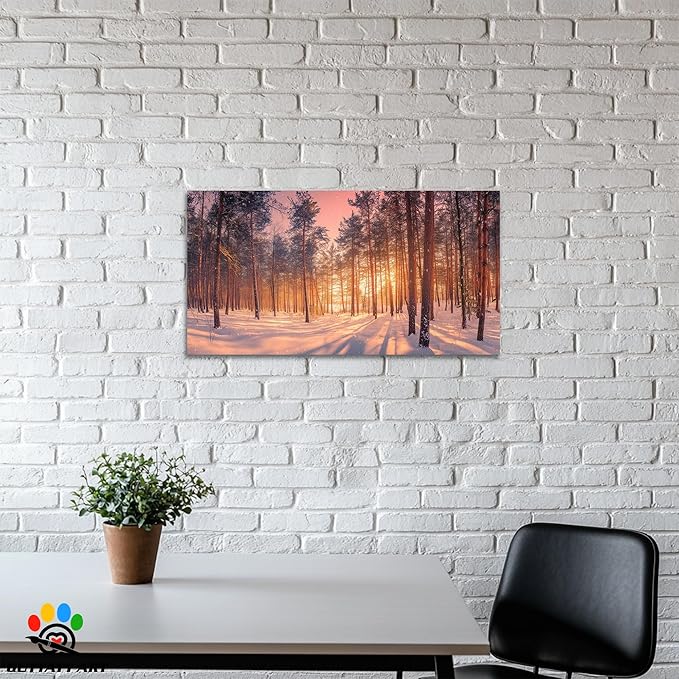 GUTTATY Christmas Winter Scene Canvas Wall Art, Snowy Forest Canvas Prints, Tranquil Sunrise Pine Forest Wall Hanging Artwork, Nature Landscape Poster for Living Room, Bedroom, 24x12 Inch