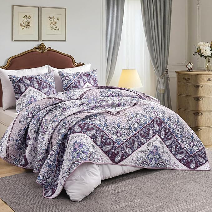 DURLENGEN Purple Quilt Set King Size 3Pcs, Purple & Pink Paisley Styling Bedspread, All Season Lightweight Coverlet Sets(King 106x96, Purple Paisley)