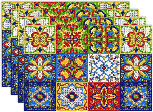 Mexican Placemat Set of 4, 12x18 Inch Rustic Colorful Talavera Ceramic Mexico Tiles Dia De Los Muertos Coffee Vintage Table Mats for Outdoor Kitchen Dining Table Decoration