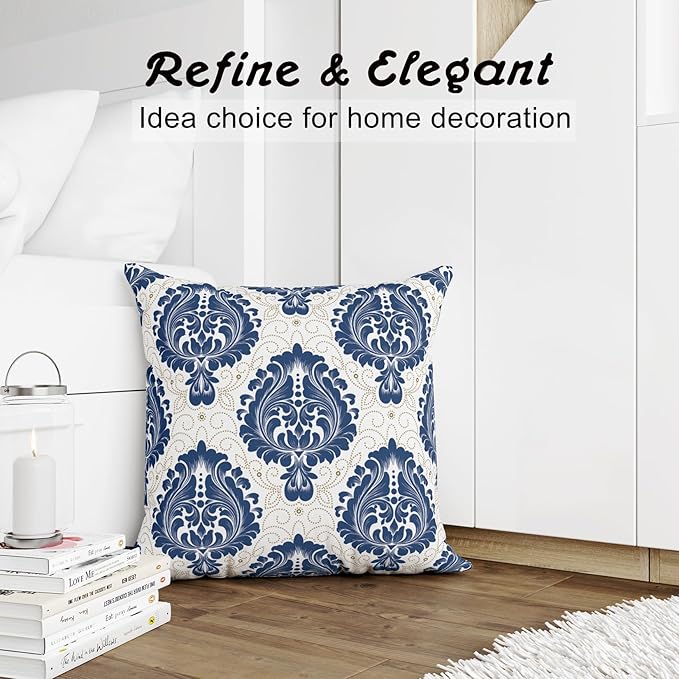 LOVOUS Navy Blue and White Damask Throw Pillow Covers 18x18 Inch Set of 2, Vintage Linen Decorative Pillow Covers for Bed Couch Sofa Bedroom Living Room Home Decor, B19