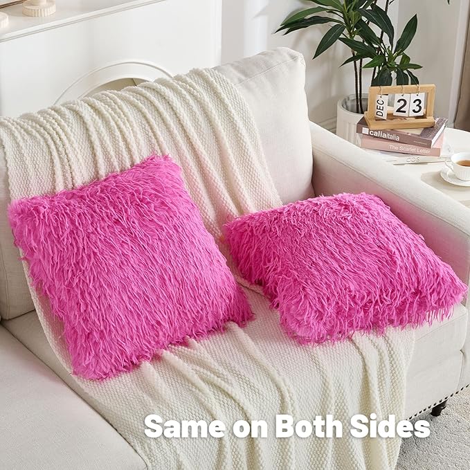 FUTEI Hot Pink Decorative Throw Pillow Covers 12x20 Inch Set of 2,Soft Fluffy Faux Feather Texture Lumbar Pillow Cases,Modern Home Luxury Decor for Couch Bed Living Room