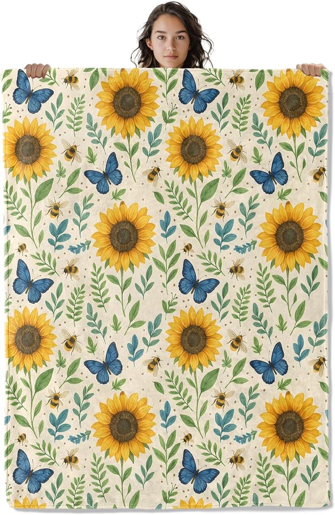 Charming Sunflower Blanket, Butterfly and Bee 60 x 50 Inch Flannel Throw Blanket, Gifts for Women Kids, Lightweight Cozy Warm Blankets for Sofa Travel Home Decor