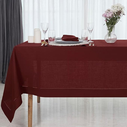 D'Moksha Homes Dark Red Linen Tablecloth 60 x 156 Inch - 100% Pure Linen Red Tablecloth for Rectangle Tables - Classic Hemstitch, Machine Washable Table Cloth for Thanksgiving, Christmas, Holiday