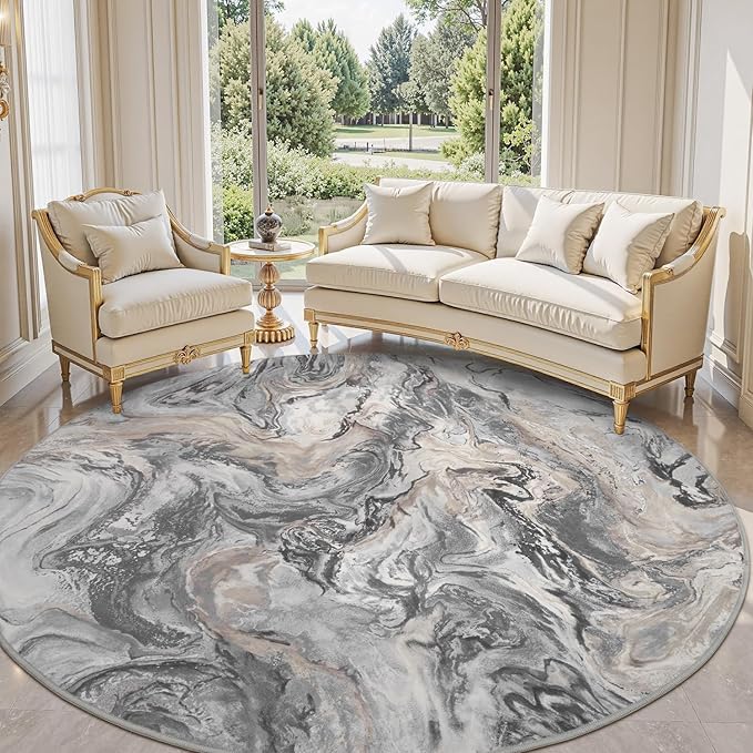 6x6 Round Area Rugs for Living Room, Modern Abstract Rug for Bedroom, Contemporary Machine Washable Rug, Large Stain Resistant Carpet for Dining Room Playroom Home Office, Pet & Kids Friendly