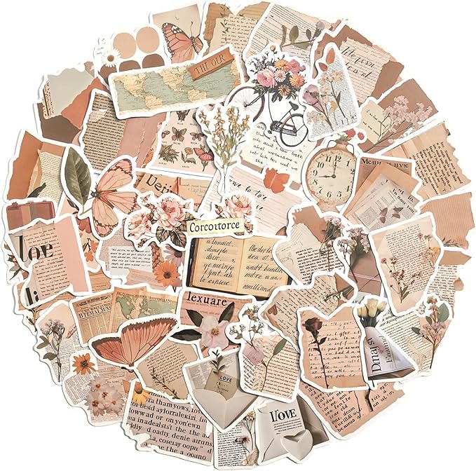 Yoksas 50Pcs Vintage Old Antique Newspaper Words Stickers - Cottagecore Old Looking Stickers for Scrapbook Supplies,Journaling,Planner,Laptops