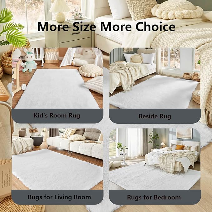 Floralux Bedroom Rug 8x10, Large White Shag Rugs, Soft Fluffy Shag Area Rug for Living Room, Plush Modern Floor Carpet for Boys Girls Room, Dorm Home Decor Aesthetic