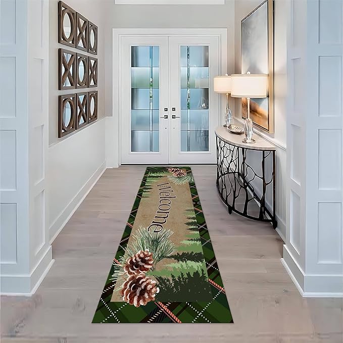 Rustic Forest Runner Rug for Hallway,3.3x7ft,Cottage Collection Pinecone Pine Leaf and Green Gingham Patchwork Rugs,Country Brown Non-Slip Washable Doormat for Living Room Bedroom Entrance