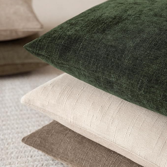 Foindtower Pack of 2 Soft Textured Chenille Throw Decorative Pillow Covers Square Accent Solid Cushion Cover Neutral Farmhouse Pillow Case for Couch Sofa Bedroom Living Room 20x20 Inch,Dark Green