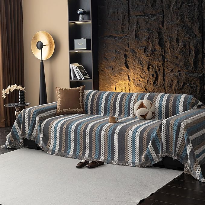 VClife Blue Stripe Sofa Cover for Dog Chenille Couch Cover for 3 Seater Sofa, Non Slip Stripe Jacquard Sofa Couch Cover Throw Pet-Friendly Soft Couch Slipcover with Tassel, Blue, 71''x134''