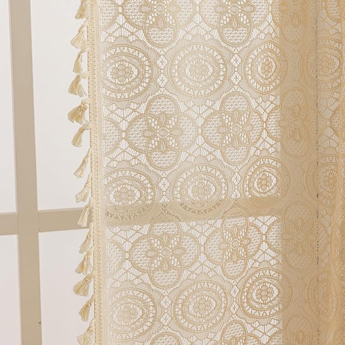 YJ YANJUN Boho Kitchen Window Curtains Over Sink 2 Panels,Each 59" W x 36" L, Beige Crochet Cafe Curtains 36 inch Length Country Short Tassel Curtain Panels for Laundry Room Basement Bathroom Kitchen