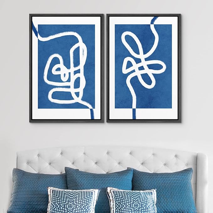 SIGNWIN Framed Wall Art Print Set White Line Contrasting Blue Backround Abstract Swirly Digital Art Modern Art Mid-Century Modern Expressive for Living Room, Bedroom, Office - 24"x36"x2 Black