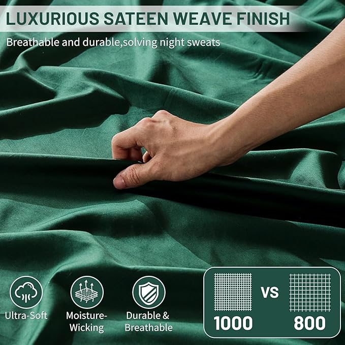 MEISHANG Extra Deep Pocket Cotton Sheets California King - 100% Egyptian Cotton 1000 Thread Count - Fits 18"-24" in Deep Mattress,Oeko-Tex Certified, Soft & Breathable - 4 Piece (Cal King, Dark Green)