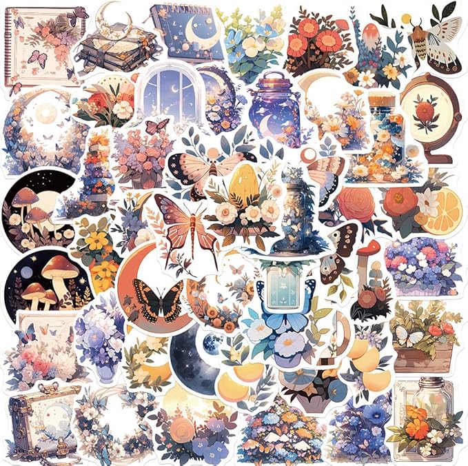 Yoksas Nature Flower Moon Stickers - 50Pcs Vinyl Aesthetics Forest Plants Stickers for Water Bottles,Laptops,Scrapbooks,Journals,Tumbler