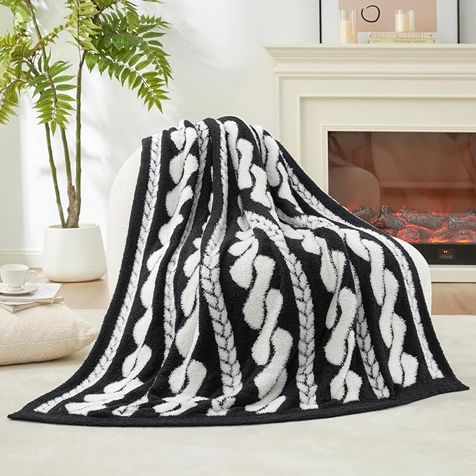 Amélie Home Cable Knit Throw Blanket for Couch, Bicolour Super Soft Fuzzy Blanket for Sofa, Luxury Cozy Fluffy Throw for Room Decor, 50" x 60", Cable Black & White