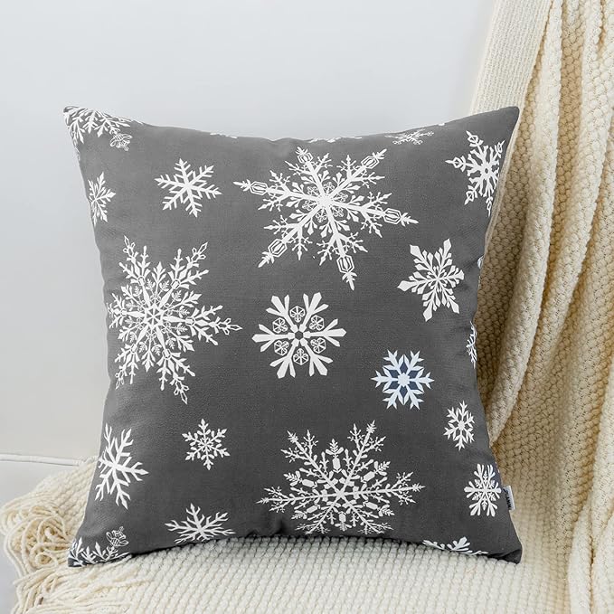 HWY 50 Grey Gray Throw Pillow Covers 20x20 Inch for Couch Sofa Living Room Bed, Soft Decorative Christmas Big and Small Snowflakes Print Throw Pillows Cases Cushion Cover Pack of 2