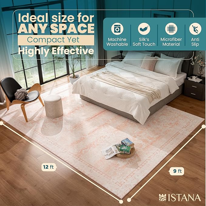 Istana 9x12 Area Rug - Pink 9 x 12 Area Rugs for Living Room - Foldable 9x12 Rugs for Bedroom/Living Room Rug -Stain Resistant Washable Rugs - Eco-Friendly Area Rugs