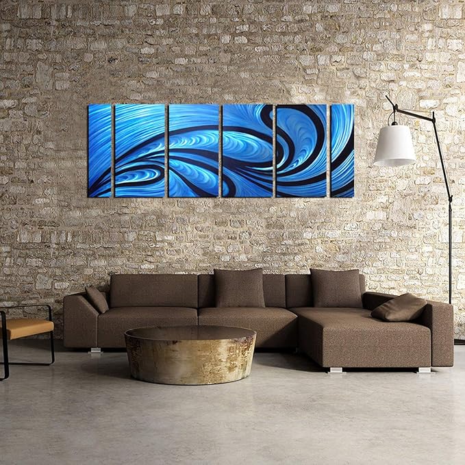 Unique Metal Wall Sculpture, Metal Wall Art with proud as a peacock design, Abstract Blue and Black Modern and Contemporary Décor, Aluminum Artwork, Indoor and Outdoor decoration, 6 panels 64"Wx24"H