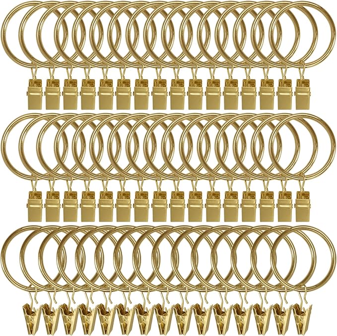 60 Pack Metal Curtain Rings with Clips, Curtain Clip Rings Hooks for Hanging Drapery Drapes Bows, Curtain Rod Rings 1.5 inch Interior Diameter, Gold