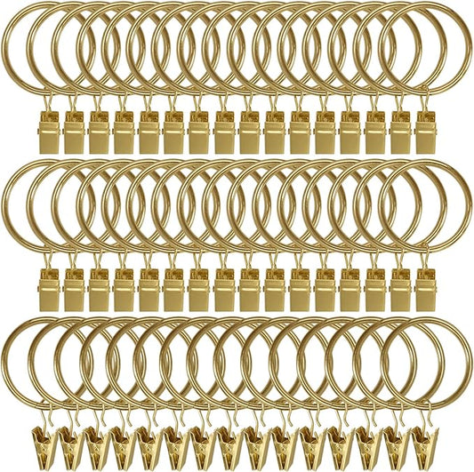 60 Pack Metal Curtain Rings with Clips, Curtain Clip Rings Hooks for Hanging Drapery Drapes Bows, Curtain Rod Rings 1.5 inch Interior Diameter, Gold