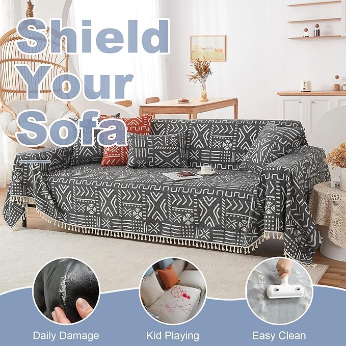 VClife Couch Cover Japanese Style Sofa Cover with Tassel, Soft Chenille Boho Couch Covers Sofa Covers Washable White Black Furniture Cover for Living Room 71''x150''