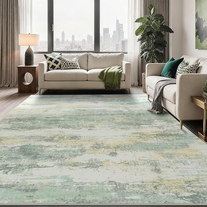 Rugflix 8x10 Area Rugs for Living Room, Washable Large Rug Stain-Resistant Low Pile, Modern Carpet for Dining Room Home Office Kid Room Nursery Bedroom, Light Green