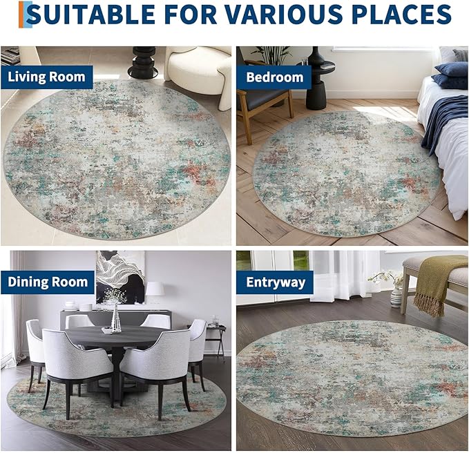 Modern Abstract 8x8 Round Area Rug Non Slip Non Shedding Rug Low Pile Stain Resistant for Bedroom Living Room Office Dining Room,Colorful