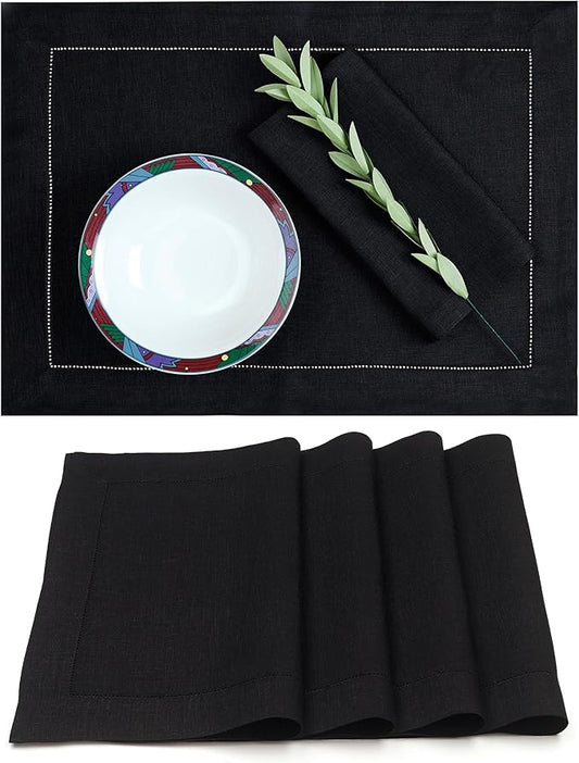 D'Moksha Homes Linen Placemats Set of 4 - Classic Hemstitch Black Placemats 14 x 19 Inch - 100% Pure Linen Table Mats for Winter, Christmas, Holiday - Handcrafted and Machine Washable
