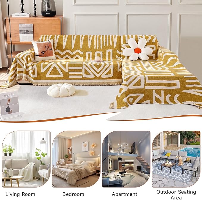 VClife Boho Couch Cover Oversized Sofa Covers, Chenille Sofa Protector Sectional Couch Cover for 3 Cushion Couch Sofa, Anti Slip L Shape Sofa Covers Washable for Dog, Mustard Yellow, 91"x150"