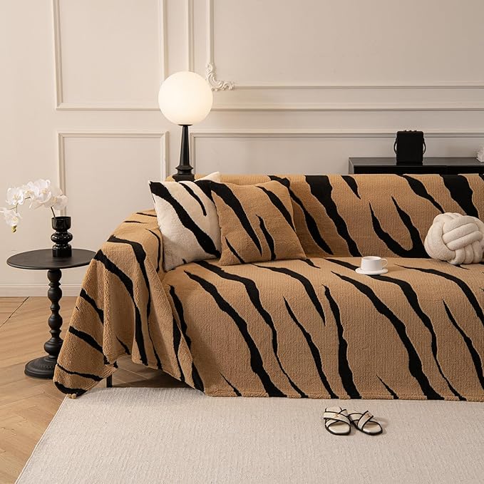 ROOMLIFE Striped Boho Khaki Couch Cover for 2-3 Cushion Sofa, Fuzzy Plush Warm Sofa Slipcovers Sectional Sofas Covers, Non Slip Washable Furniture Protector Soft with Tassel,Winter 71''X150”
