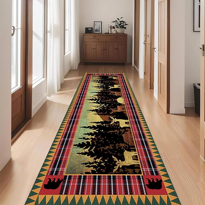 Retro Farmhouse Black Bear Hallway Rug Runners,1.3x7ft,Rustic Cottage Bear Fawn Print Rugs,Reddish Brown Buffalo Check and Geometric Patterns Carpet,Anti-Slip Washable Mat for Family Runner
