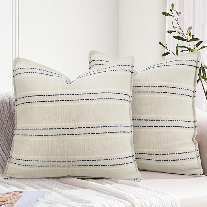 20X20 Decorative Farmhouse Linen Throw Pillow Covers, Boho Textured Pillow Case Set of 2,Beige with White & Blue Stitch Yarn Dyed Stripe Cushion Cover ,Modern Accent Square Pillowcase for Sofa Couch